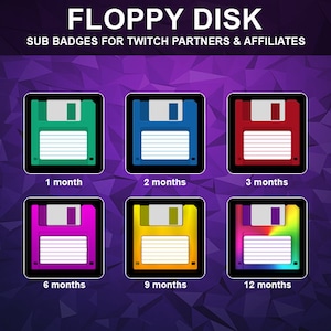 May include: Six colorful floppy disk icons with different colored backgrounds and text indicating the number of months for each icon: 1 month, 2 months, 3 months, 6 months, 9 months, and 12 months.