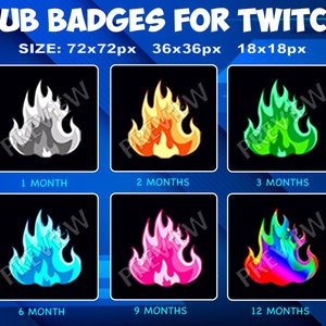 May include: Six different animated fire badges for Twitch subscribers. The badges are in various colors, including gray, orange, green, blue, pink, and rainbow. The badges are labeled with the number of months of subscription: 1 month, 2 months, 3 months, 6 months, 9 months, and 12 months.