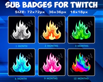 6 Fire Flame Sub / Bit Badges for Twitch Kick, loyalty Badges Pack for Twitch Kick Streamers
