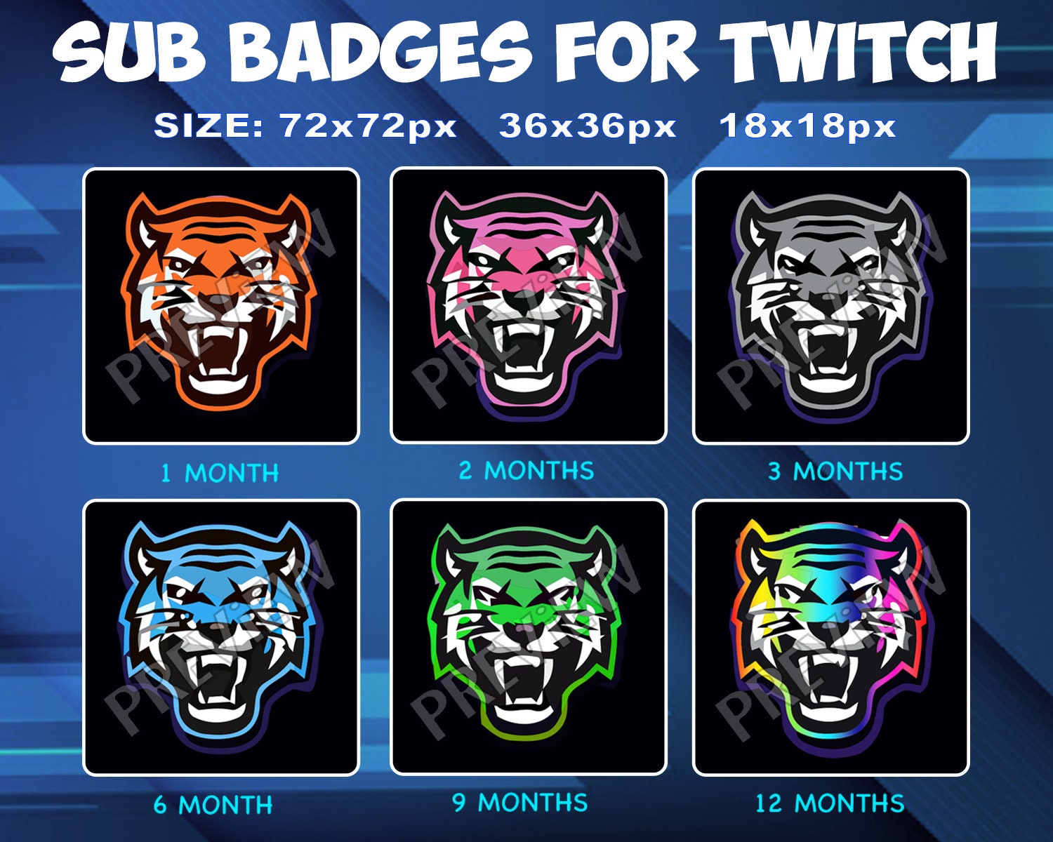 Tiger Twitch Kick Sub Badges Subscribers Sub Bit Loyalty Badges tigers sub bits badge for Twitch Kick streamers