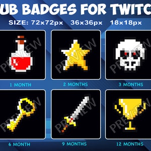May include: Six Twitch subscriber badges with different designs and corresponding subscription lengths. The badges are in a grid format with the following designs: a red potion bottle, a gold star, a white skull with red eyes, a gold key, a gold sword, and a gold trophy. The text below each badge indicates the subscription length: 1 month, 2 months, 3 months, 6 months, 9 months, and 12 months.