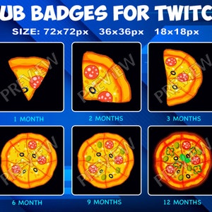 6 Pizza Sub / Bit Badges for Twitch Kick, loyalty Rank Badges Pack for Twitch Kick Streamers