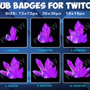 Purple Crystals set Twitch Kick Sub Badges Subscribers Sub Bit Loyalty Badges Crystal bits sub badge or Twitch Kick streamers