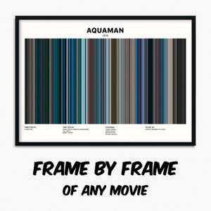 Puede incluir: Un póster en blanco y negro con un diseño de código de barras colorido que representa la película "Aquaman" estrenada en 2018. El póster incluye el título de la película, el año de estreno y los créditos del director, el guionista, los actores principales y el compositor de la música.