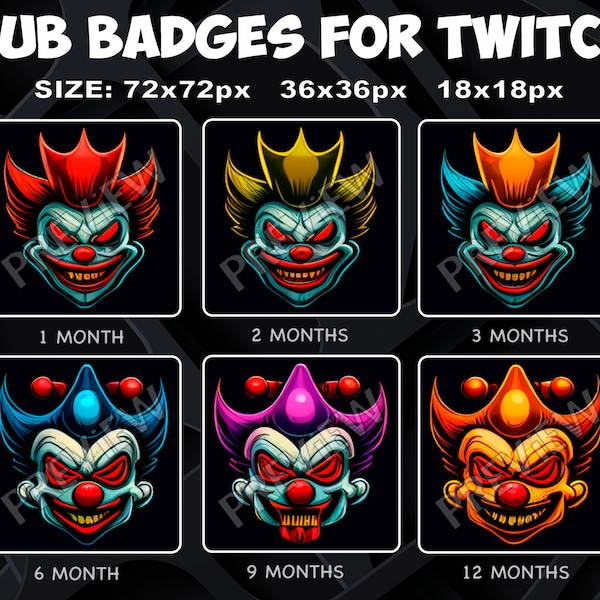 6 Clowns Sub / Bit Badges for Twitch Kick, loyalty Badges Pack Clown for Twitch Kick Streamers