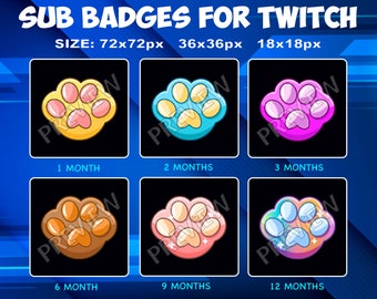 6 Pet Paws Sub / Bit Badges for Twitch Kick, loyalty Badges Cute Pack for Twitch Kick Streamers