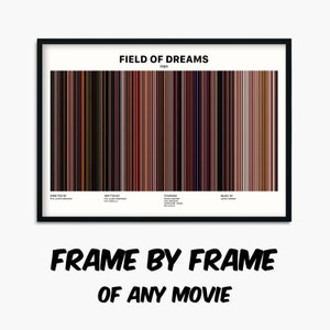 May include: A black and white poster with a bar code design representing the movie "Field of Dreams". The poster includes the title "Field of Dreams", the year "1989", and the names of the director, writer, starring actors, and music composer.