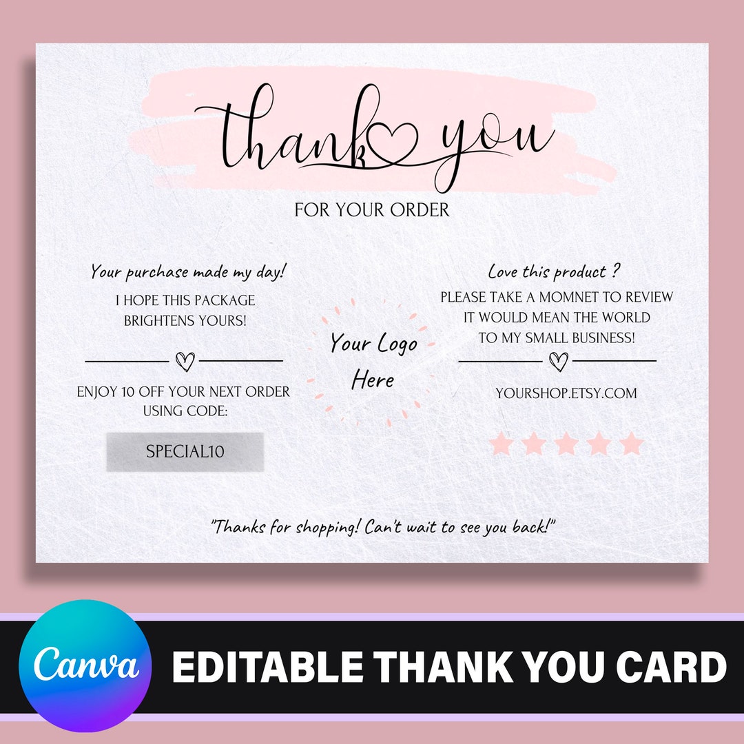 Editable in CANVA Thank You Card Insert Business Card Template in Rose ...