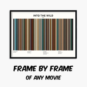 Puede incluir: Un póster en blanco y negro con un diseño de código de barras colorido que representa la película "Into the Wild". El póster incluye el título de la película, el año, el director, el guionista, los actores principales y la música de. El póster está enmarcado en un marco negro.