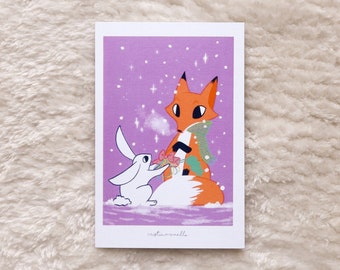 Tarjeta ilustrada navidad zorro y conejo, postal ilustrada navideña zorrito y conejito, Christmas illustrated postcard fox and bunny