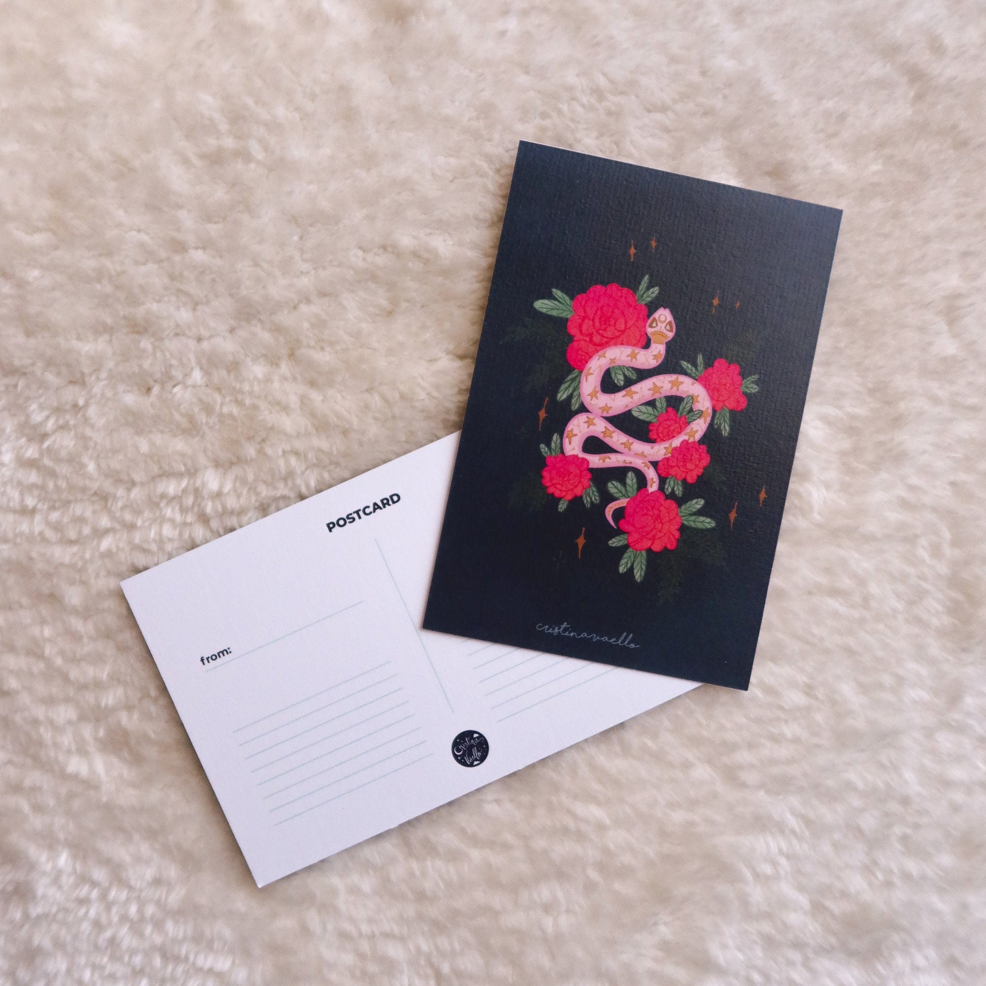 Illustrated Card Snake With Flowers, Illustrated Postcard Kundalini ...