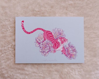 Tarjeta ilustrada tigre rosa con flores, postal ilustrada tigre rosa con flores, illustrated postcard pink tiger and flowers