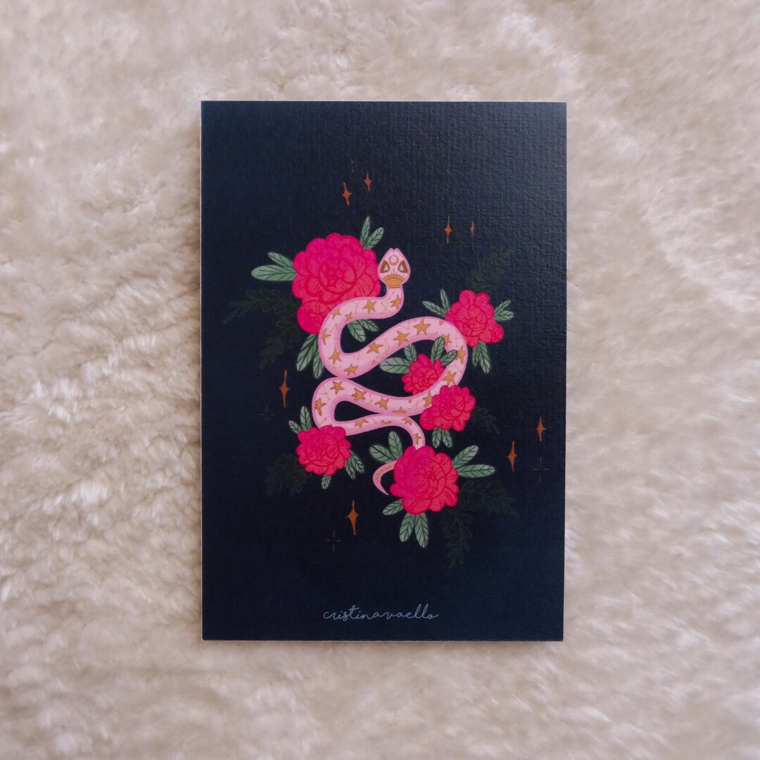Illustrated Card Snake With Flowers, Illustrated Postcard Kundalini ...