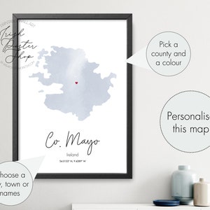 Irish County Mayo Aquarell Karte - Irisches Poster - Irischer Kunstdruck - St Patrick es Day Geschenk - Paddy's Day, Irish Home Dekor, Irland Karte
