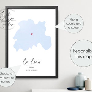Irish County Laois Aquarell Karte - Irisches Poster - Irischer Druck - St Patrick es Day Geschenk - Paddy's Day, Irland Karte Home Dekor, Irland Karte
