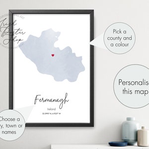Carte à l’aquarelle du comté irlandais de Fermanagh - Affiche irlandaise - Imprimé irlandais - Cadeau de la Saint-Patrick - Paddy’s Day, Irlande Carte Décoration intérieure, Irlande
