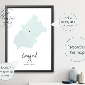 Irish County Longford Aquarell Karte - Irish Poster - Irish Print - St Patrick's Day Geschenk - Paddy's Day, Irland Karte Home Dekor, Irland