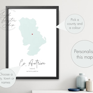 Irish Antrim County Aquarell Karte - Irisches Poster - Irischer Kunstdruck - St. Patrick es Day Geschenk - Paddy's Day, Irish Home Decor, Irland Karte