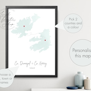 Irish Two Counties Herz Karte - Irisches Poster - Irischer Aquarell Druck - Irische Geschenke - Irland Geschenke - Irisches Wohndekor, Karte von Irland