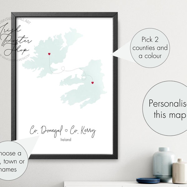Carte coeur irlandaise des deux comtés - Poster irlandais - Impression aquarelle irlandaise - Cadeaux irlandais - Cadeaux Irlande - Décoration d'intérieur irlandaise, carte de l'Irlande