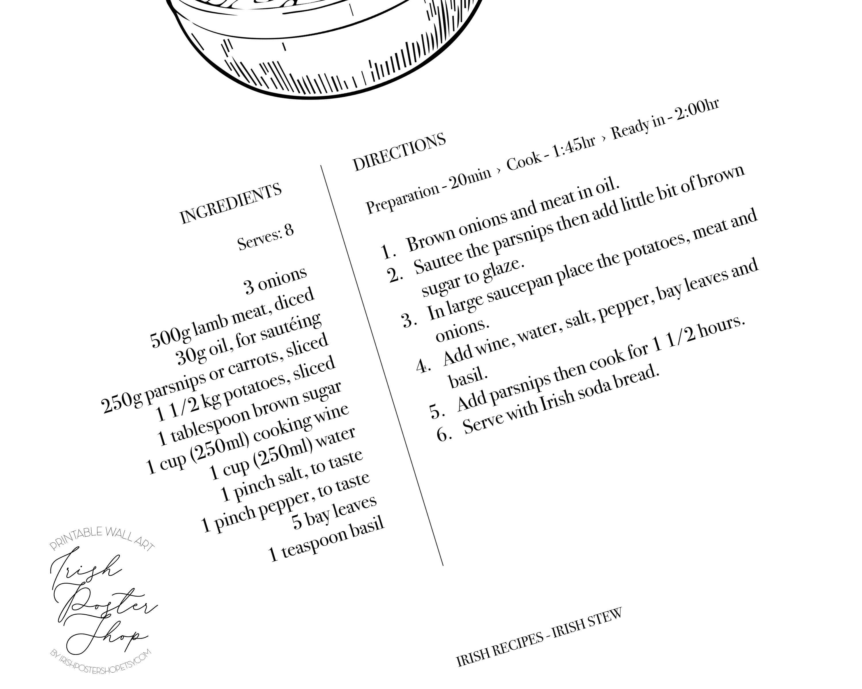 IRISH STEW RECIPE Irish Food Art Poster Kitchen Print Etsy