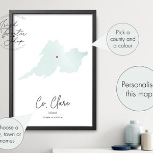 Irish County Clare Map - Irisches Poster - Irisches Aquarell Druck - St Patrick es Day Geschenk - Paddy's Day, Irish Home Dekor, Irland Karte