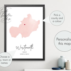 Irish County Westmeath Aquarell Karte - Irish Poster - Irish Print - St Patrick's Day Geschenk - Paddy's Day, Irland Karte Home Dekor, Irland