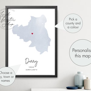Irish County Derry Aquarell Karte - Irish Poster - Irish Print - St Patrick es Day Geschenk - Paddy's Day, Irland Karte Home Dekor, Irland Karte