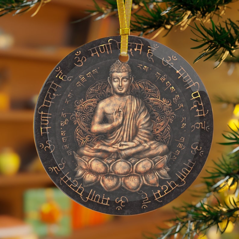 Buddha Ornament om Mani Padme Hum in Sanskrit and Tibetan Scripts