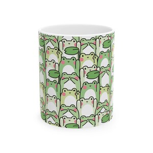 Whimsical Green Frog Mug: 11oz/15oz Ceramic Cottagecore Cup with Repeating Amphibian Print
