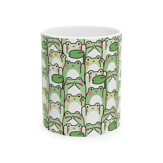 Whimsical Green Frog Mug: 11oz/15oz Ceramic Cottagecore Cup with Repeating Amphibian Print