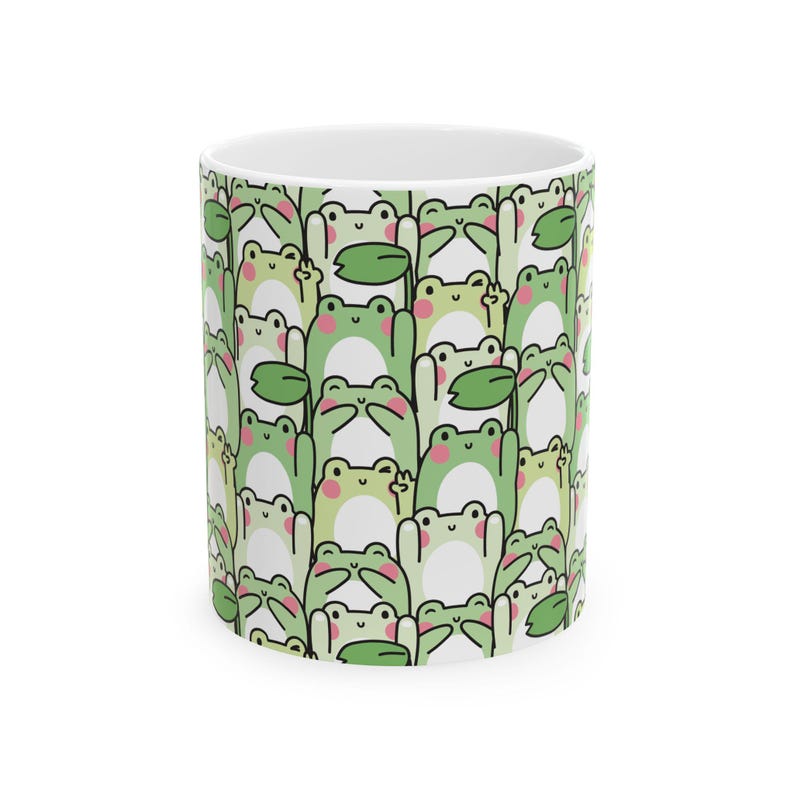 Whimsical Green Frog Mug: 11oz/15oz Ceramic Cottagecore Cup with Repeating Amphibian Print image 1