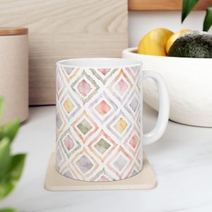 Geometric Pattern Ceramic Mug - Colorful Watercolor Style Diamond Ogee Pattern