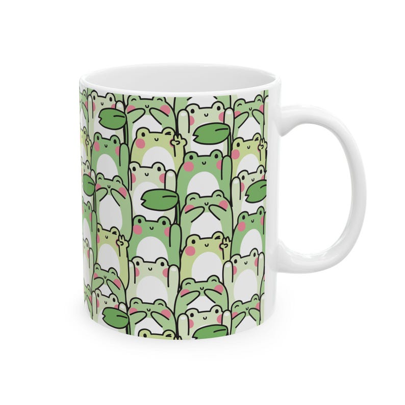 Whimsical Green Frog Mug: 11oz/15oz Ceramic Cottagecore Cup with Repeating Amphibian Print image 3