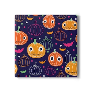 Quirky Pumpkin & Bats Coaster - Halloween Ceramic Drink Mat - Fun Fall Decor