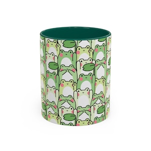 Whimsical Green Frog Mug: 11oz/15oz Ceramic Two-Tone Cottagecore Cup with Repeating Amphibian Print