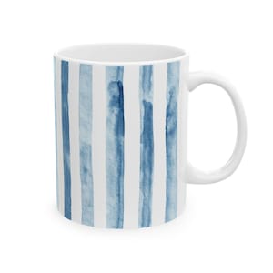 Niebieski kubek w akwarelowe paski – 11 uncji/15 uncji – biały ceramiczny kubek do kawy