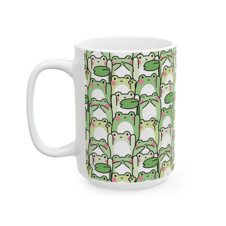 Whimsical Green Frog Mug: 11oz/15oz Ceramic Cottagecore Cup with Repeating Amphibian Print image 7