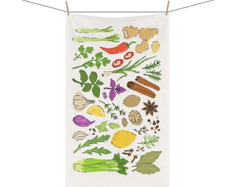 Colorful Spices and Herbs Tea Towel - Farmhouse Kitchen Décor | Cotton Twill & Polyester