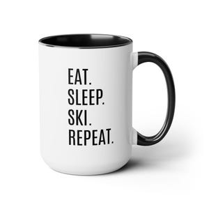 Ski Lover Coffee Mug: Eat Sleep Ski Repeat - 15oz Ceramic