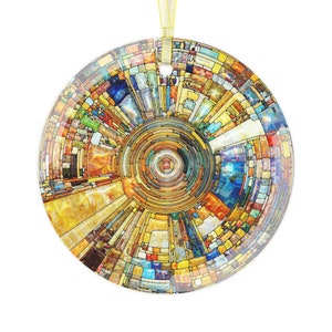 Colorful Stained Glass Print Ornament - "Radiating Circular Mandala /Chakra" - Available In Glass & Ceramic Options