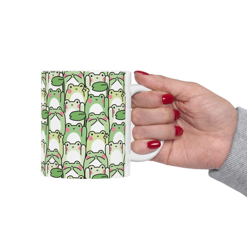 Whimsical Green Frog Mug: 11oz/15oz Ceramic Cottagecore Cup with Repeating Amphibian Print image 5