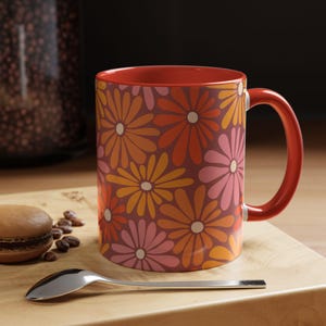 Groovy Daisy Mug - Vintage Floral Coffee Mug - 11 oz Two Tone Ceramic Mug - Retro 70s Flower Power - Orange Pink Yellow Aesthetic