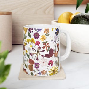 Floral Ceramic Coffee Mug: Pressed Flowers Pattern, Botanical Cup