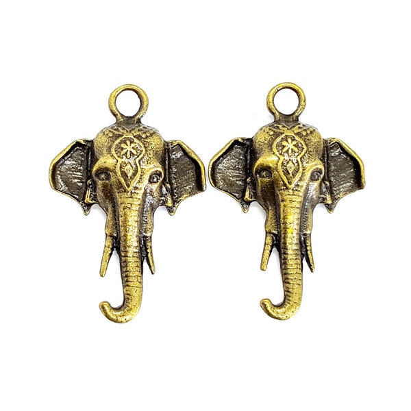2 Pcs Elephant Head Charms, Antique Bronze Plated Elephant Head Pendant (49x32 mm / Length 1.92'')