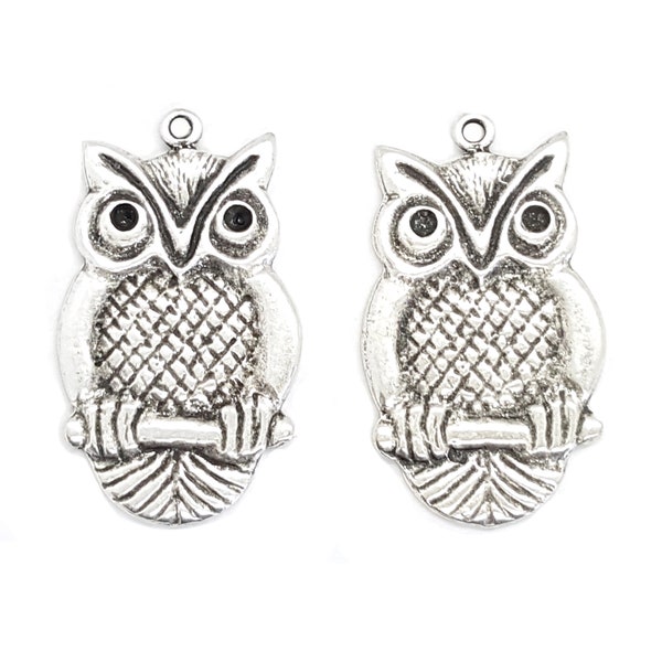 2 Pcs Flat Back Owl Charms, Antique Silver Plated Night Owl Pendant (42x25 mm / Length 1.65'')