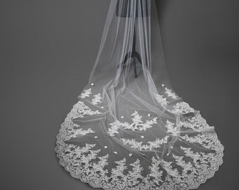 Lace Wedding Veil Cathedral length, 3D Daisies and rich Ivory lace Stunning, ,SOFT Tulle Veil.