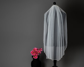 Veil with crystal and pearl beaded edge, Fingertip/Hip length, 40" (100cms), Softest Ivory Tulle , One Tier Beaded edge Wedding veil