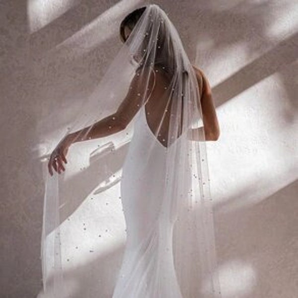 Pearl Veil 250cms with LOTS of Pearls, long Pearl Bridal Silky Soft Chapel length tulle in either Ivory or Off White