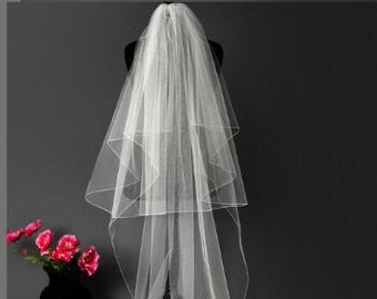 Wedding Veil ,2Tier veil with Pencil edge, Bridal Plain Classic Veil, Ivory, Chapel length Veil UK Bridal Veils-Free Veil Hanger clip